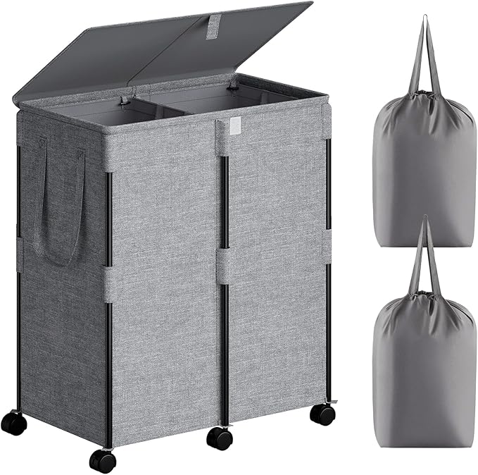 140L Double Laundry Hamper with Lid and 6 Wheels, Rolling Laundry Basket with 2 Removable Bags, Heavy Duty Metal Frame Clothes Cart, 2-Section Laundry Sorter for Bedroom, Bathroom (Grey)