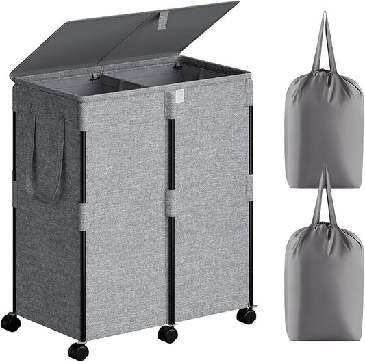 140L Double Laundry Hamper with Lid and 6 Wheels, Rolling Laundry Basket with 2 Removable Bags, Heavy Duty Metal Frame Clothes Cart, 2-Section Laundry Sorter for Bedroom, Bathroom (Grey)