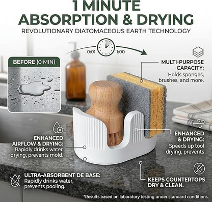 Ultra Absorbent Stone Sponge Holder for Kitchen Sink, 2 Slot Diatomite Dish Brush Sponge Holder, Diatomite Stone Sink Tray, Rustproof Sinks Caddy for Countertop, Double, White