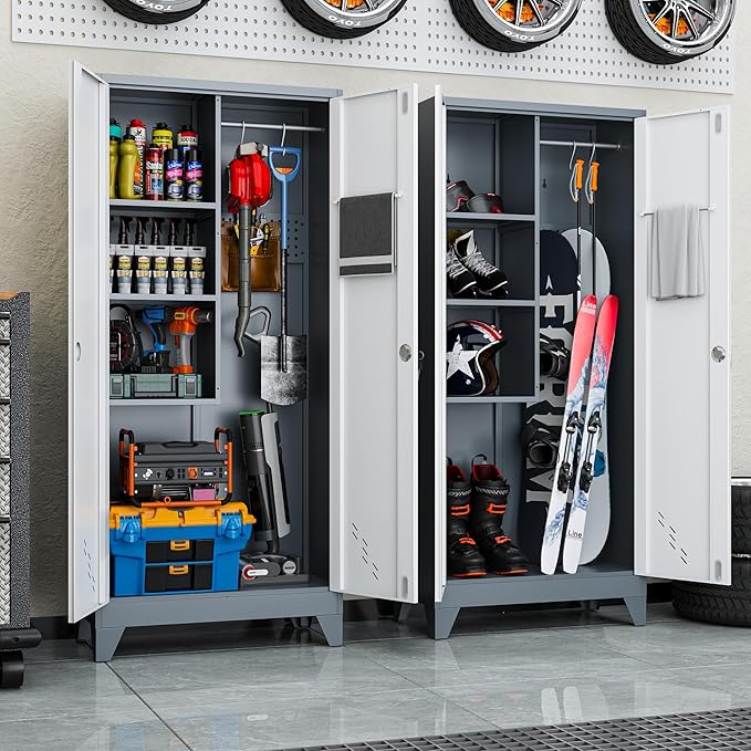 Metal Garage Storage Cabinets with Lock- 61" Tall Broom Closet Storage Cabinet & Pantry Organizer for Laundry Room, Home Office, Gym, School