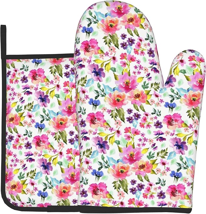 Floral Oven Mitts and Pot Holders Sets Spring Summer Kitchen Mitts Colorful Blossom Potholders 2PCS Wildflower Oven Gloves Hot Pads for Kitchen Baking Cooking