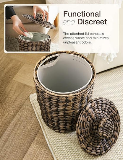 Tidita 2 Gallons Wicker Waste Basket - Water Hyacinth Bathroom Trash Can - Garbage Can with Lid Boho Style - Wicker Trash Can with Lid for Bedroom, Kitchen - Removable Liner, Handwoven (Black Color)