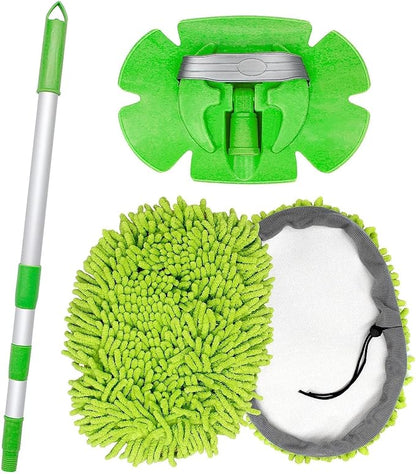 47" Car Wash Brush Mop Cleaning Tool with Long Handle Kit for Washing Detail Car Truck, SUV, RV, Trailer, Boat 2 in 1 Chenille Microfiber Sponge Duster, Paint Scratch Free