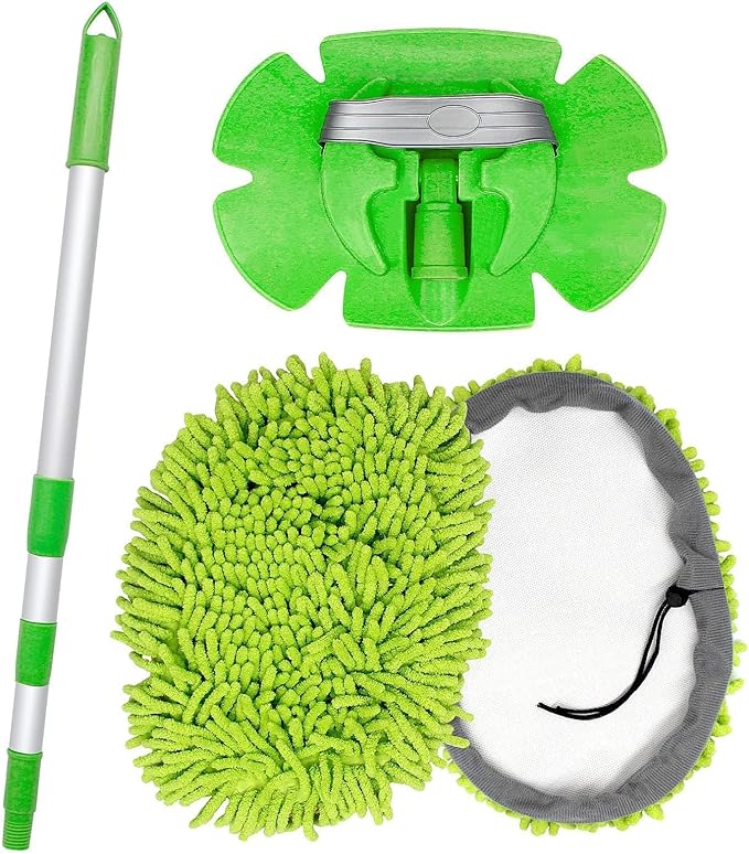 Weiliya 47.5"" Car Wash Brush Mop Cleaning Tool with Long Handle Kit for Washing Detailing Cars Truck, SUV, RV, Trailer, Boat 2 in 1 Chenille Microfiber Sponge Duster Not Hurt Paint Scratch Free