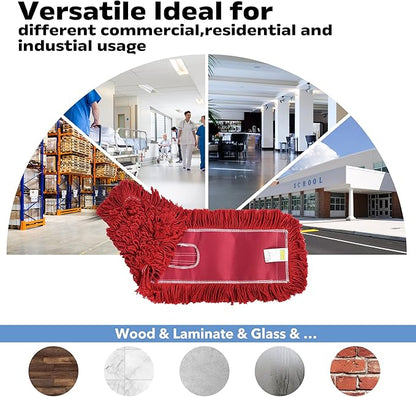 Matthew Cleaning 24'' Industrial Strength Cotton Dust Mop Refill Washable Replacement Heads for Residential & Commercial Use Fit Standard Dust Mop Frames, Hardwood,Concrete Floors Red 12 Pack