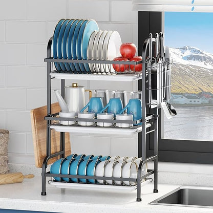 Goldmeet 3 Tier Dish Drying Rack, Large Stainless Steel Over The Sink Dish with Drain Tray, Kitchen Dishes Drying Racks, Dish Racks for Kitchen Counter Storage (Black)