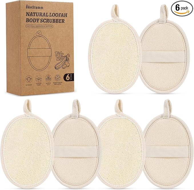 6 Pack Natural Loofah Body Scrubber (6 Pack) - 6.2 * 4.3 Inch Exfoliating Loofah for Removing Dead Skin and Dry Skin, Large Size Loofah Body Sponge for Women and Men to Clean Pores