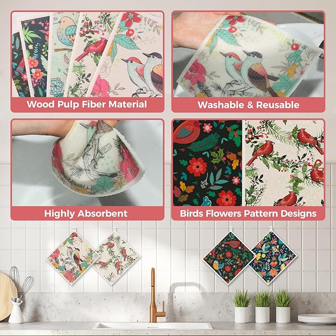wlich 10PCS Swedish Dishcloths for Kitchen, Reusable Dish Rags for Washing Dishes with Clips, Non-Scratch Kitchen Towels and Dishcloths Sets, Washable Swedish Dish Cloths, No Odor(Birds Flowers)