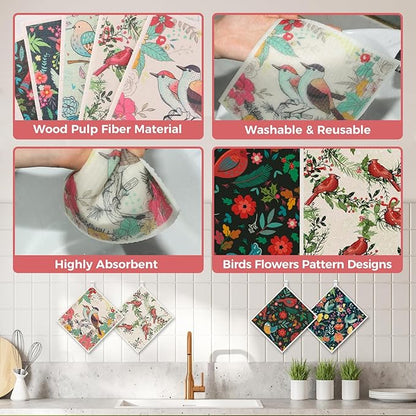 wlich 10PCS Swedish Dishcloths for Kitchen, Reusable Dish Rags for Washing Dishes with Clips, Non-Scratch Kitchen Towels and Dishcloths Sets, Washable Swedish Dish Cloths, No Odor(Birds Flowers)