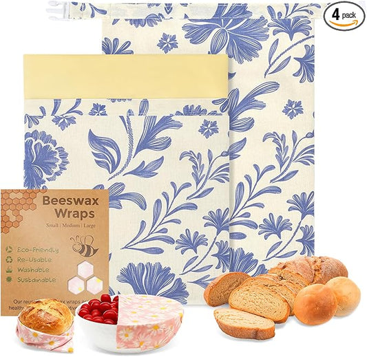 2 Pack Beeswax Bread Bags for Homemade Sourdough Bread, Includes 2 Wraps, 17×13 Inches Organic Cotton Bread Storage Bags, Keeps Bread Fresh, Ideal for Bakers, Kitchen, Travel