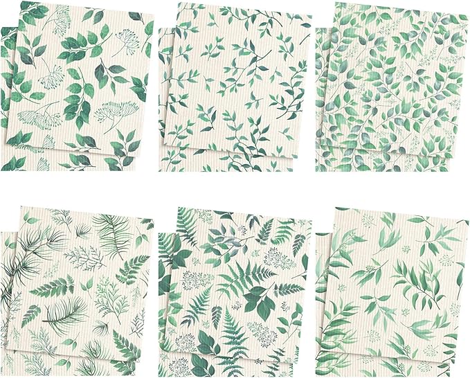 Sunnyray 12 Pcs Swedish Kitchen Dish Towels Dishcloth Reusable Sponge Cleaning Cloth Kitchen Towels Absorbent Washable Dish Cloth Drying Hand Towel(Green, Leaves)
