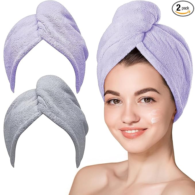 Hicober Microfiber Hair Towel, 2Packs Hair Turbans for Wet Hair, Drying Hair Wrap Towels for Curly Hair Women Anti Frizz (Purple,Grey)