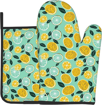 Lemon Pot Holders and Oven Mitts - Summer Teal Lime Refreshing Oven Glove Hot Pads for Kitchen Chef Gifts for Cooking Lover Cooks
