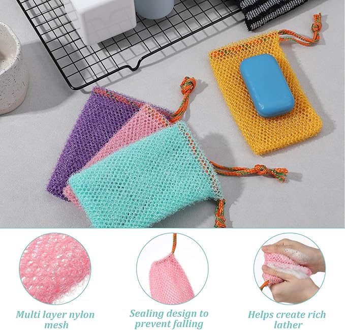 4 Pcs Mesh Soap Bags, 4 Colors Bar Soap Bags for Soaps Savers, Bar Soaps Loofah Bubble with Drawstring Foaming Nets Pocket for Shower Body Facial Cleaning