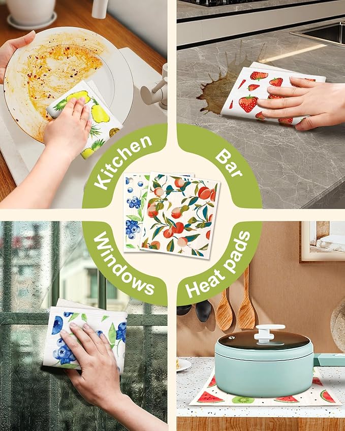 Miss Adola 6 Pack Swedish Dishcloths for Kitchen - Reusable Dish Cloths for Washing Dishes Absorbent Cute Funny Kitchen Towels Cleaning Sponge, Lemon Fruit