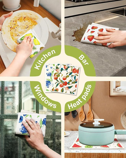 Miss Adola 6 Pack Swedish Dishcloths for Kitchen - Reusable Dish Cloths for Washing Dishes Absorbent Cute Funny Kitchen Towels Cleaning Sponge, Lemon Fruit