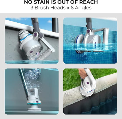 KOKIDO Rechargeable 3-in-1 Pool Brush Head Scrubber - Electric Scrub Brush for Walls, Waterlines, Floors - 3 Brush Heads, 40-Min Runtime, 180° Pivotable Handle, for Inground Aboveground Pools and Spas