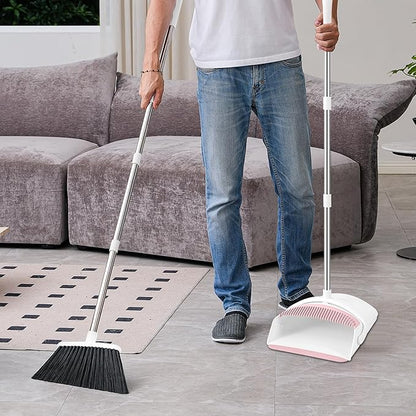 Broom with Dustpan Combo Set for Home, 52-in Long Adjustable Handle Angle Broom and Dustpan Set with Dustpan Comb Teeth for Sweeping Pet Hair Food Dirt Kitchen