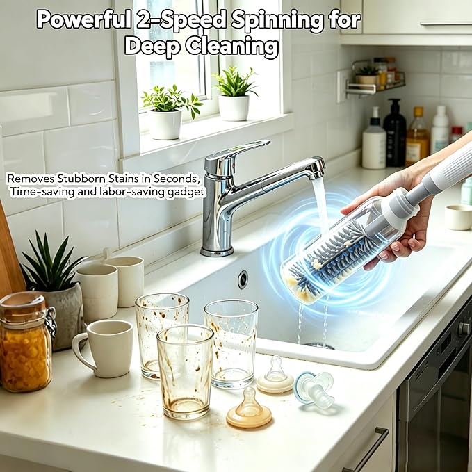 Electric Bottle Brush Set, 6-in-1 Electric Cleaning Brush with Waterproof Silicone Cleaner, 3 Replaceable Brush Heads, Straw Brush & Extension Rod, for Baby Feeding Supplies and Kitchen Utensils