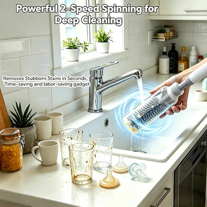 Electric Bottle Brush Set, 6-in-1 Electric Cleaning Brush with Waterproof Silicone Cleaner, 3 Replaceable Brush Heads, Straw Brush & Extension Rod, for Baby Feeding Supplies and Kitchen Utensils