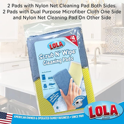 LOLA Microfiber & Nylon Net Sponges, 4 Pack, 2 Dual Sided Non Scratch Sponge Pads & 2 w/Microfiber Cloth One Side and Netting on the Other Side
