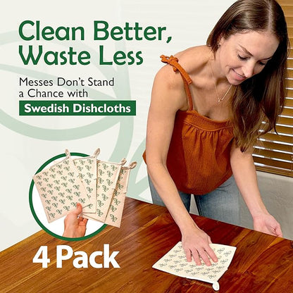 Swedish Dishcloths with Scouring Corner (4 Pack) – Reusable Paper Towel Alternative | Machine Washable Cellulose Sponge Cloths | Eco-Friendly, Biodegradable Kitchen Cleaning Cloths | OEKO-TEX Cert