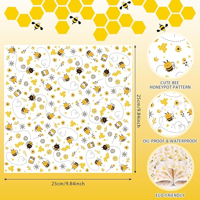 LOAVER 150 Pcs Wax Paper Sheets for Food, Bee Day Waterproof Oilproof Wrapping Tissue with Bee Pattern for Kicthen Deli Baking Sandwich Cookies Picnic Basket Liners (9.84 x 9.84 Inch)