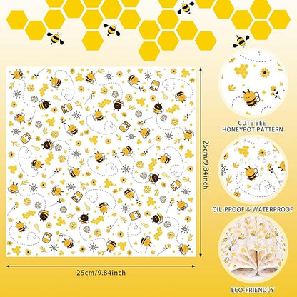LOAVER 150 Pcs Wax Paper Sheets for Food, Bee Day Waterproof Oilproof Wrapping Tissue with Bee Pattern for Kicthen Deli Baking Sandwich Cookies Picnic Basket Liners (9.84 x 9.84 Inch)