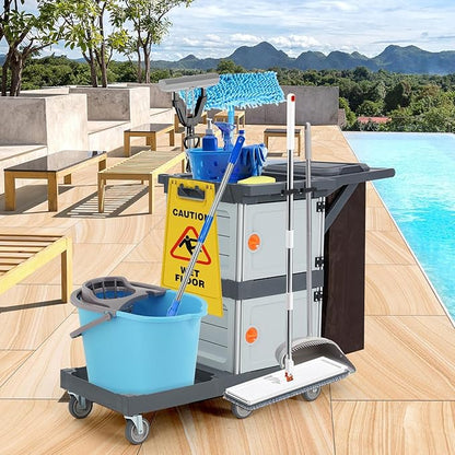 Commercial 3-Shelf Janitorial Cart with 2 Cabinet,Commercial Cleaning Cart on Wheels with Cover, Shelves, and Oxford Bag, Housekeeping Cleaning Caddy Service Carts for School Hotel Apartment