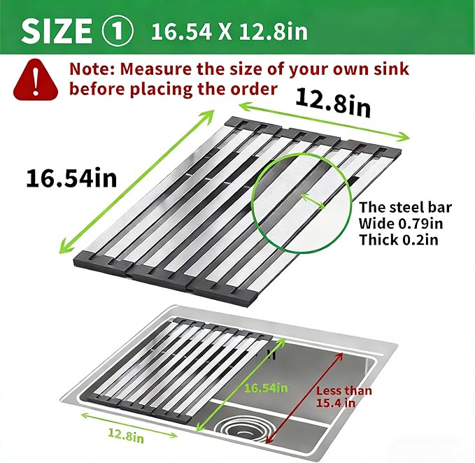 Over The Sink Kitchen Dish Drying Rack Organizer - Stainless Steel Collapsible Non-Slip Space-Saving [16.54 * 12.8IN] - Rust-Resistant Heat-Resistant Sturdy - Easy to Clean