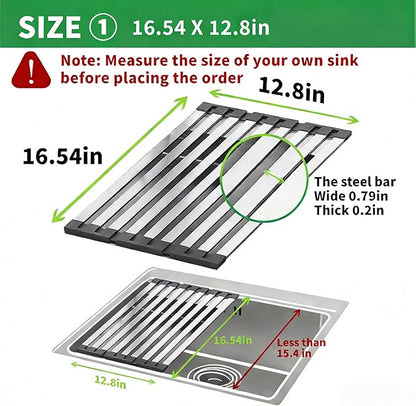 Over The Sink Kitchen Dish Drying Rack Organizer - Stainless Steel Collapsible Non-Slip Space-Saving [16.54 * 12.8IN] - Rust-Resistant Heat-Resistant Sturdy - Easy to Clean