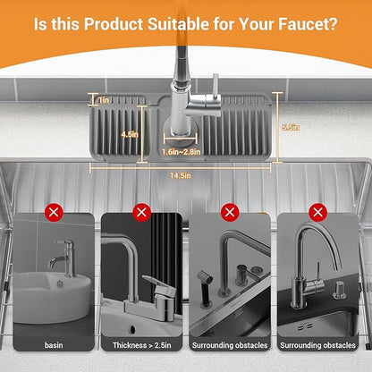 ZJWZLG Faucet Mat for Kitchen Sink, 14"X5.5" Silicone Sink Splash Guard with Soap Holder, Snap-On Design & 7°slope Fast Drain, Folding Sink Faucet Mat for Universal Kitchen Bathroom Sink（Grey）
