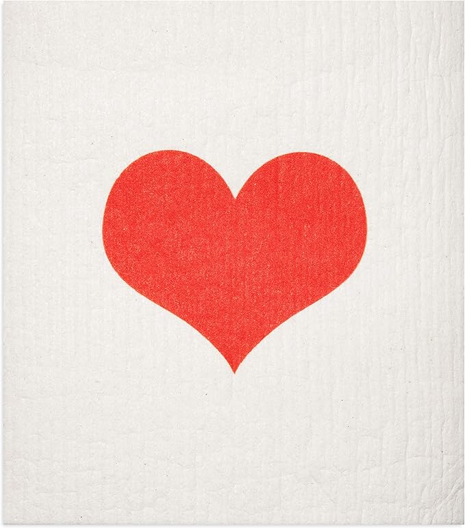 Swedish Dishcloths 2-Pack - Super Absorbent Reusable Cellulose Sponge Cloths, Eco-Friendly Kitchen Cleaning Towels, Machine Washable, Red Heart Design, 7.87"x6.88"