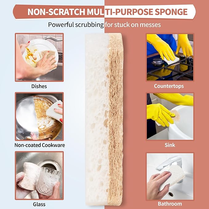 Natural Dish Sponge 48 Pack, Non-Scratch Scrub Sponge, Eco Multipurpose Kitchen Sisal Fiber Cellulose Sponge, Odor-Less Dual-Sided for Dish Washing & Household Cleaning