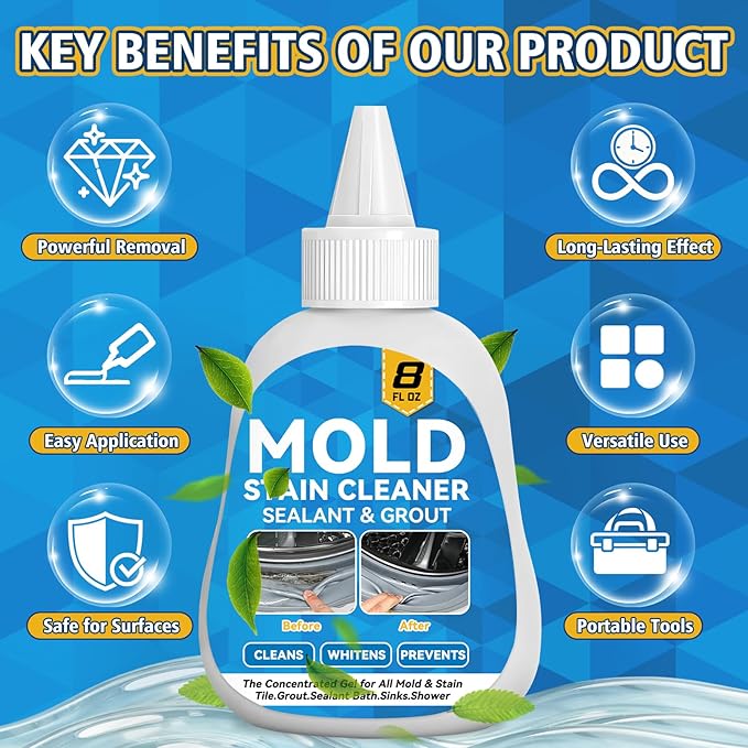 Mold Stain Cleaner Gel, 8 Fl Oz Washing Machine Cleaner with Brush, Mold Cleaner Gel for Front Loader Washing Machine Seal, Bathroom Grout, Kitchen Sink, Shower, Refrigerator Strip (Basil)