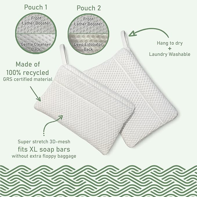 2-Pack Exfoliating Soap Bag Soap Saver Pouch for bar soap, Loofah Bath Scrubber for Bar Soap on a Rope. 2 Different Roughness Levels Gentle + Deep Exfoliator, mesh soap Pocket, soap bar Scrubber