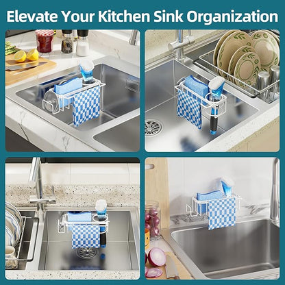 TAILI 4-in-1 Sink Caddy with Strong Suction Cup, Sponge Holder for Kitchen Sink Organizer, Removable, Rustproof, Stainless Steel Holder for Sponge, Brush, Scrubber, Scraper - White