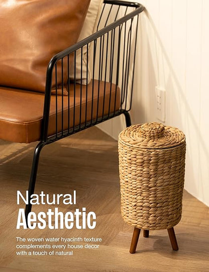 Tidita 1.5 Gallon Wicker Trash Can with Lid, Water Hyacinth Wicker Waste Basket for Bathroom - Decorative Bathroom Trash Can with Wooden Leg - Rattan Garbage Can with a Lid, Liner - Assembly Required