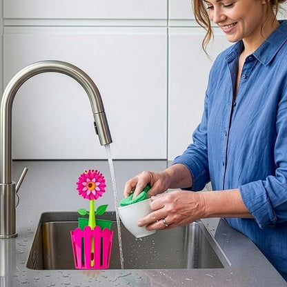 Vigar Flower Power 3-in-1 Kitchen Sink Caddy Set, Flower-Shaped Dish Brush, Sponge, Fence-shaped Holder and Suction Cup, Ideal Sink Organizer, Pink