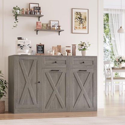 HOSTACK 12.5 Gallon Kitchen Trash Cabinet, 47" Double Trash Can Cabinet, Large Pull Out Can Storage Drawers, Wood Farmhouse Hidden Garbage Storage Buffet for Kitchen, Dining Room, Ash Grey