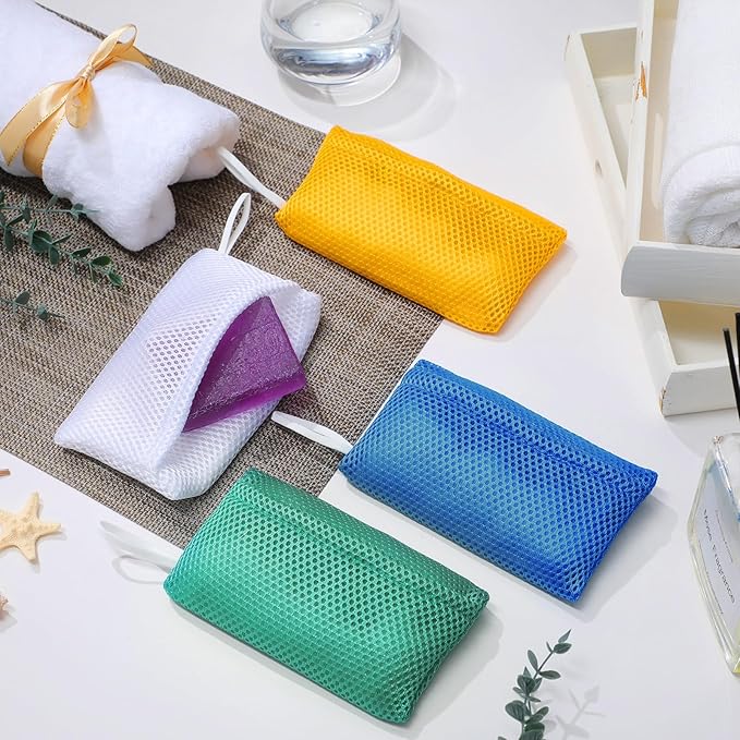 Sunnyray 4 Pieces Soap Saver Pouch for Bar Soap, Loofah Bath Scrubber Exfoliating Sponge for Baths and Showers, Soap Saver Holder Foaming and Drying Pocket Wash Bag, White Yellow Blue Cyan