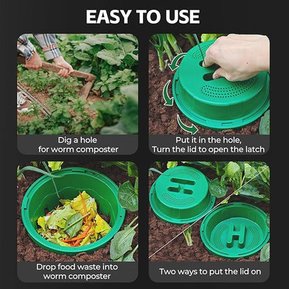 Warm Farm, 4-Pack 8L (2.11Gal) Inground Worm Composter, Outdoor Worm Compost Bin for Garden Beds & Home Use, Vermicomposting Bin for Beginners (9.5x9.5x10.8Inch), Green