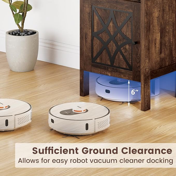 GOFLAME Robot Vacuum Storage Cabinet, Retro Sofa Side End Table with Hidden Robotic Vacuum Cleaner Storage & Open Compartment, Sweeping Robot Stand Cabinet for Living Room, Bedroom, Rustic Brown