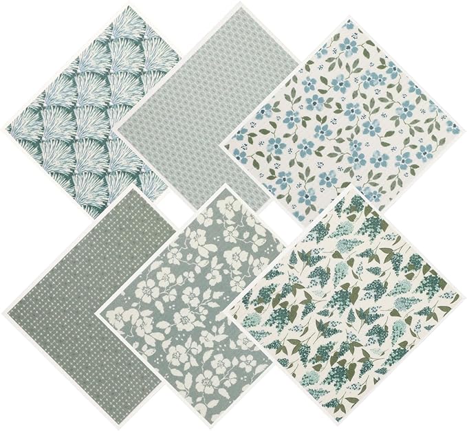 Green Swedish Dishcloths for Kitchen, 6 PCS Swedish Dish Cloths, 7.5 x 6.7 Inch Super Absorbent Washable Reusable Floral Cloths Dish Towel, No Odor Cellulose Sponge (Light-Green)