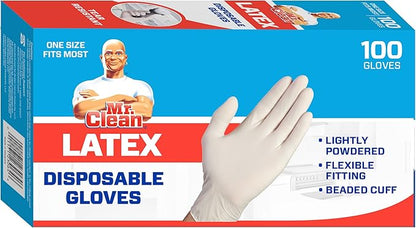 Mr Clean Latex Gloves Disposable Single Use Lightly Powdered Non-Sterile Multipurpose Uses One Size Fits Most Tear & Puncture Resistant Design 9.5-Inch Long with Beaded Cuff, 100-Count, Blue