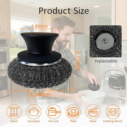 8Pcs Stainless Steel Wool Scrubber with 2 Silicone Handles, Scouring Brush for Cleaning Dishes, Pots, Pans, Grills, and Sinks(Black)
