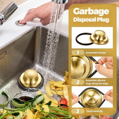 4 Pcs Brushed Gold Kitchen Sink Accessories Garbage Disposal Splash Guards 3.4'' Sink Drain Strainer and Stopper Stainless Steel Garbage Disposal Plug for Kitchen Drain Strainer
