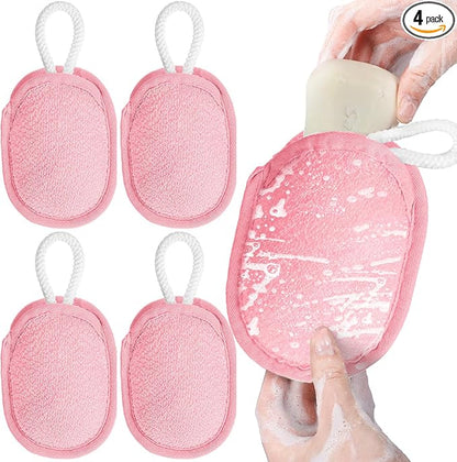 Sunnyray 4 Pcs Bath Body Exfoliating Soap Saver, Exfoliator Scrubber Pouch, Bath Loofah Sponge Body Scrubber Shower Sponge Exfoliating Mesh Pouf for Women and Men Bathing (Pink)