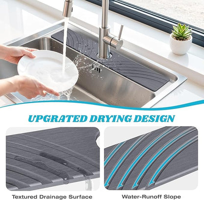 SpaceHacks Stone Faucet Mat for Kitchen Sink - Fast Drying Diatomite Stone Drying Mat, Textured Drainage Sink Protector, Water Splash Guard with Base Pads for Bathroom Counter (23.7x4 in, Dark Gray)