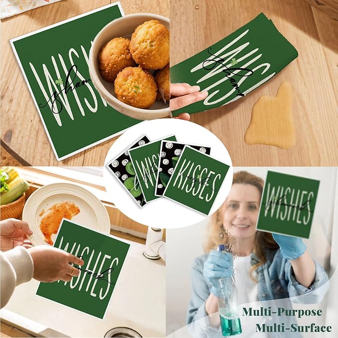 Lucky Wishes Green Swedish Dishcloths for Kitchen, Swedish Dish Cloths for Four-Leaf Clover, 4 Pack Dish Towels for Kitchen, Papaya Reusable Paper Towels Washable